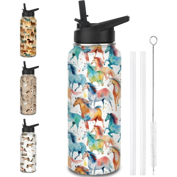Horse Water Bottles with Straw, 32 Oz Insulated Stainless Steel Tumbler Cup Mug Horse Gifts for Women Girls Horse Lovers