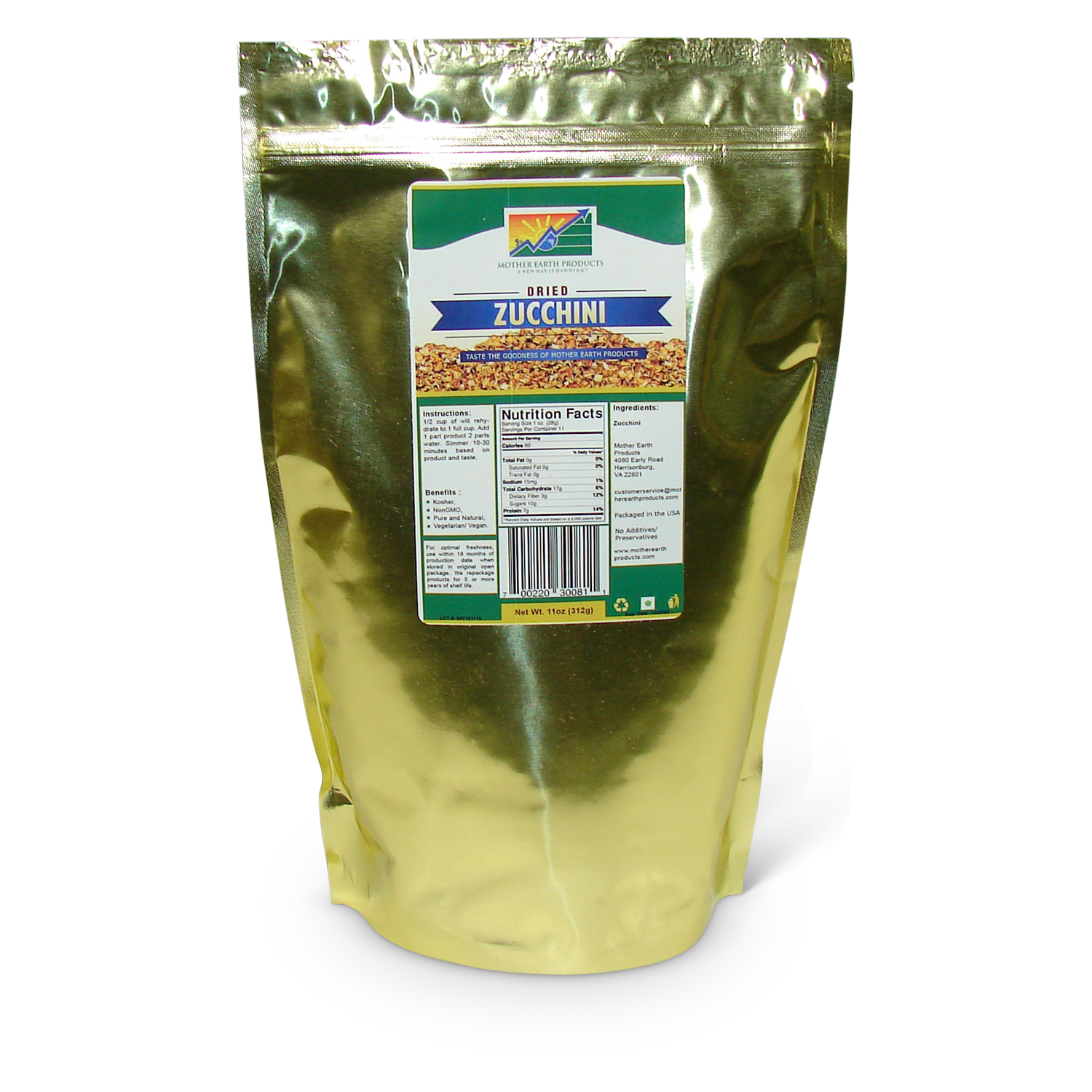 Dehydrated Zucchini, 1 full quart Mylar Bag