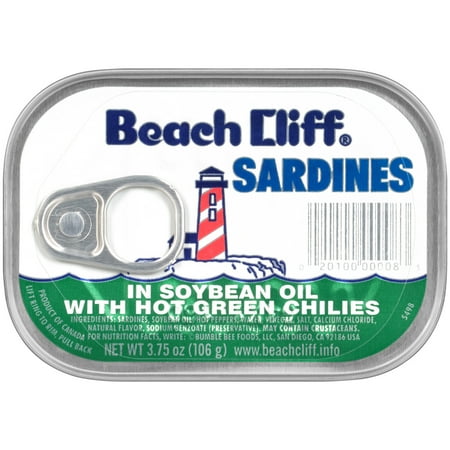 BEACH CLIFF Sardines in Soybean Oil with Hot Green Chilies, 3.75 Ounce Can, Wild Caught, High Protein Food and Snacks