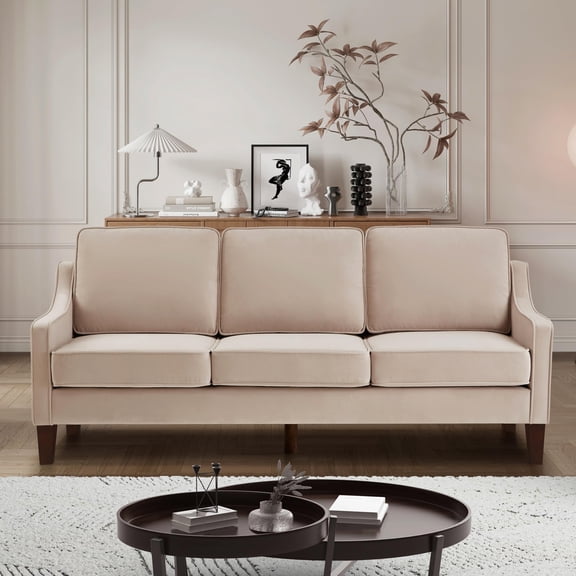 Modern 3-Seater Velvet Sofa with Scooped Armrest and Wood Legs, Taupe Upholstered 3-Person Couch for Living Room and Bedroom, Contemporary 3-Person Seat Sofa