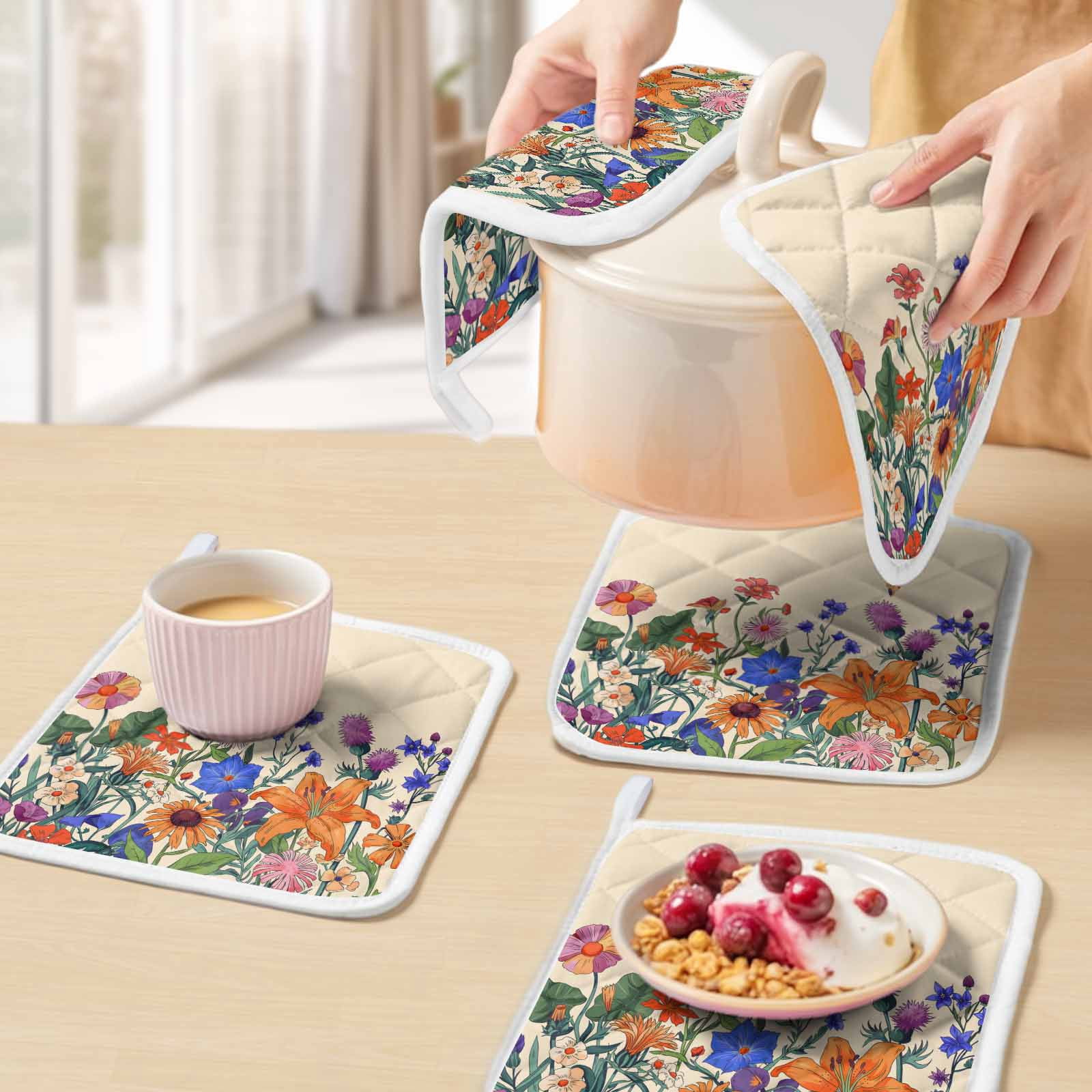 Spring Floral Pot Holders for Kitchen Heatproof Potholder, 4 Pack Purple Yellow Flower Farmhouse Hot Pads Multipurpose Oven Pads Cloth Potholders Trivet for Cooking and Baking