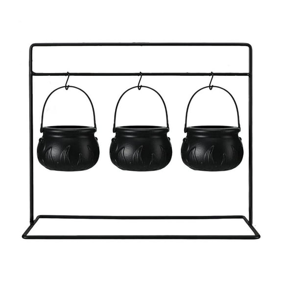 Halloween Decor,Halloween Party Decorations - Set of 3 Witches Cauldron Serving Bowls on Rack - Black Plastic Cauldron for Indoor Outdoor Home Kitchen Decoration