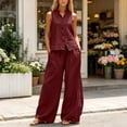 thumbnail image 6 of Mifsaly Two Piece Vacation Sets for Women Sleeveless Button Down Shirt and High Waisted Wide Leg Palazzo Pants Lightweight Flowy Summer Matching Lounge Outfits with Pockets Wine,S, 6 of 7