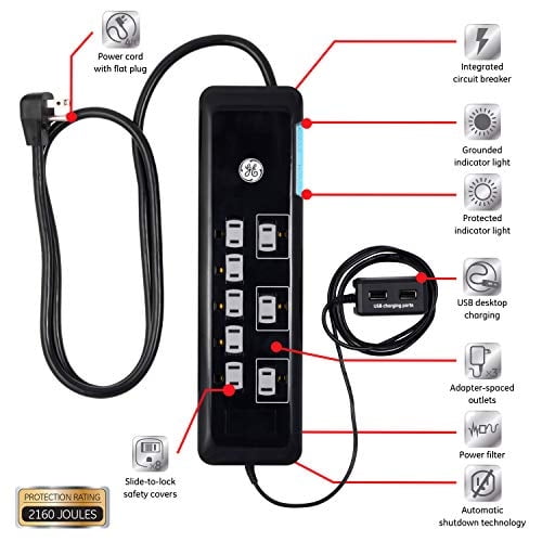 Protector contra sobretensiones GE UltraPro de 8 tomacorriente, 2 puertos USB atados, cable de alimentación de 4 pies, 2169 julios, enchufe plano, filtro de alimentación, disyuntor.