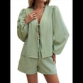 thumbnail image 3 of Conjunto de 2 Piezas para Mujer, Camiseta de Larga con Lazo Delantero, Pantalón Corto y Pijama Deportivo Informal. Verde XL, 3 of 10