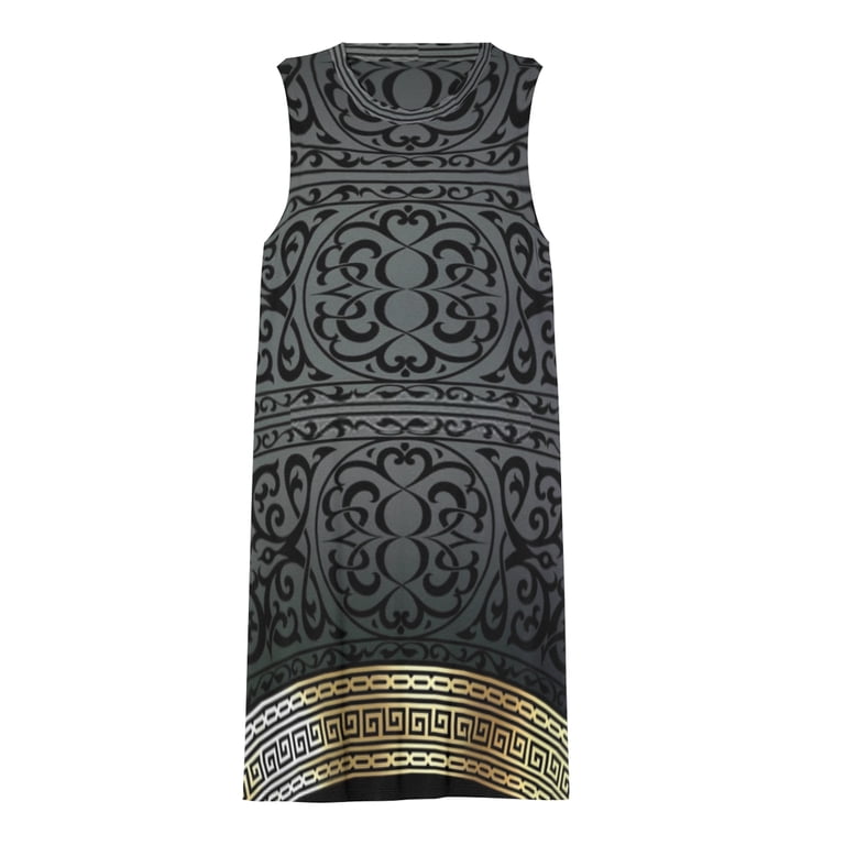Greek Key Ornate Black & Gold Spring Summer Dresses for Women Fashion T-shirt Dress Casual Sleeveless Loose Sundress with Pockets