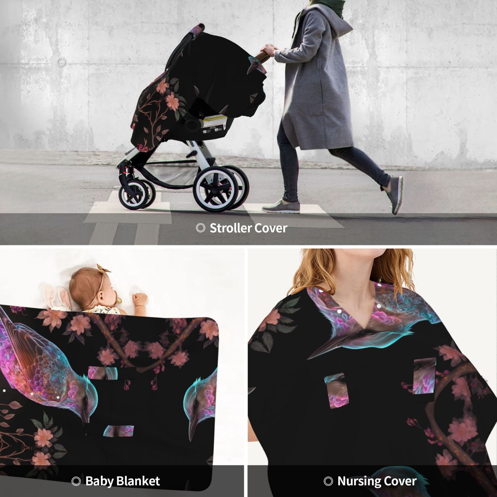 Car Seat Cover Baby - Pink Patterned Bird A Breathable Infant Car Seat Cover for Baby Carseat, Lightweight Comfort Baby Essentials Must Haves Newborn Stuff for Girl Boy