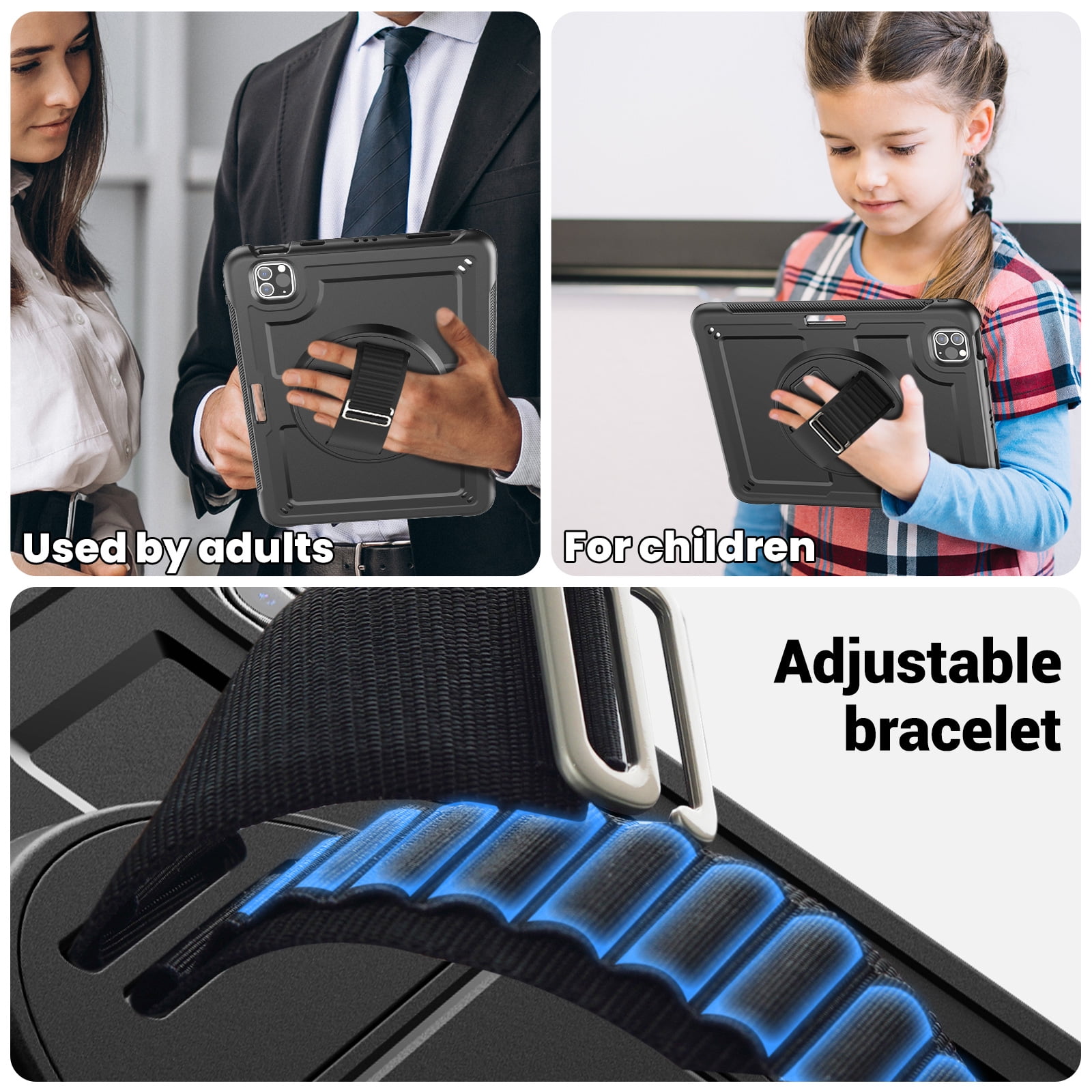 ELEHOLD Case for Apple iPad Pro 11 2022/2021/2020/2018/air4 10.9/air5,Soft TPU Rugged Durable Case with 360° Rotating Hand Strap & Foldable Hidden Stand & Pencil Holder,Black