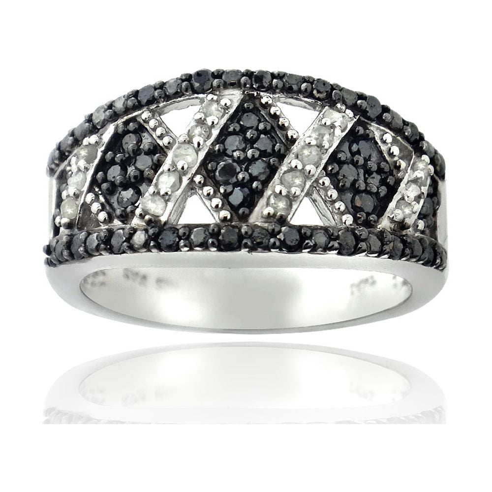 0.50 Carat Black & White Diamond Criss Cross Silver Tone Band Ring, Size 6