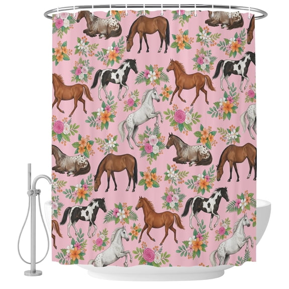 Horses Animal Shower Curtain Set with Hooks, Orange Flower Roses Leaf Pink Background Water Repellent Shower Curtains for Bathroom Decor Sturdy Shower Curtain, Machine Washable 48x72 Inch