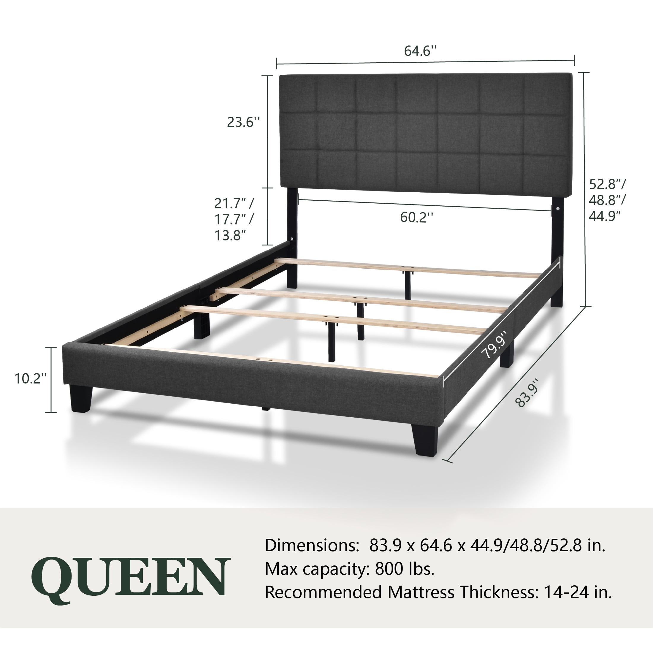 Amolife Queen Size Fabric Upholstered Panel Bed Frame with Adjustable Headboard, Square Stitched Style, Grey