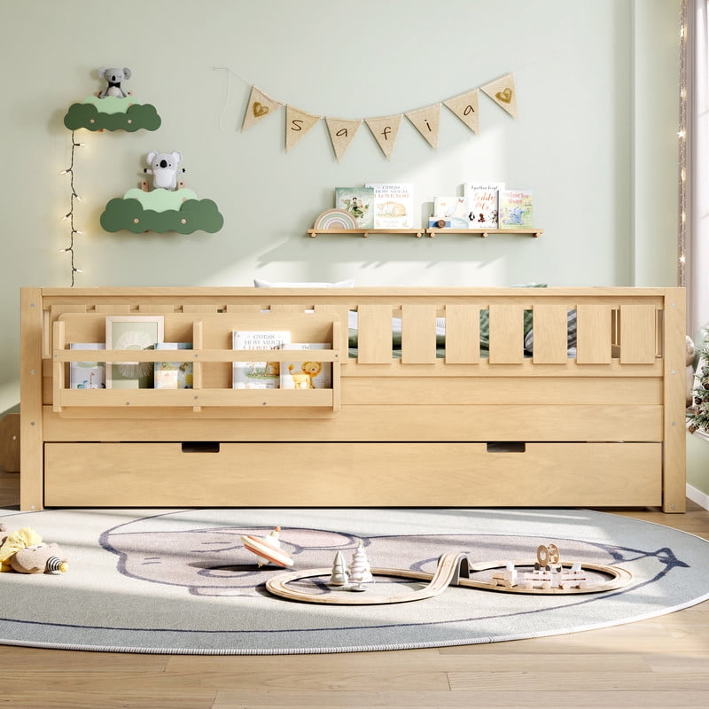 URTR Full Bed with Rail and Bookshelf, Full Size Wooden Montessori Floor Bed with Small Stairs and Trundle, Full Size Platform Bed Frame, No Box Spring Needed, Natural