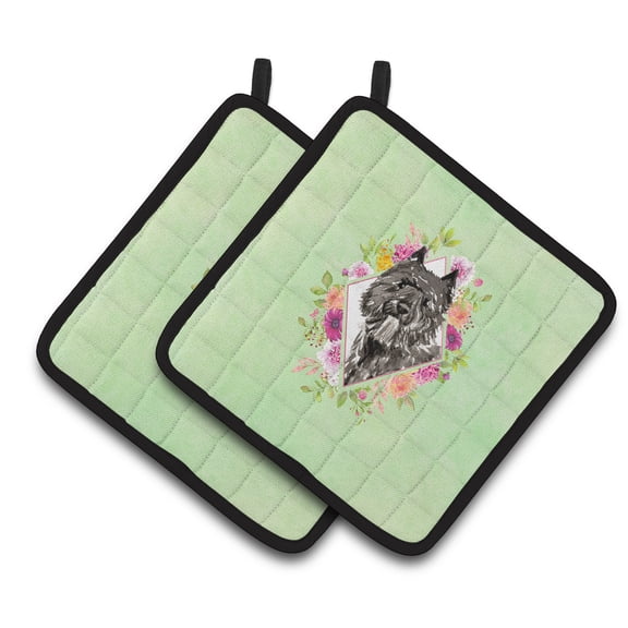 Bouvier des Flandres Green Flowers Pair of Pot Holders
