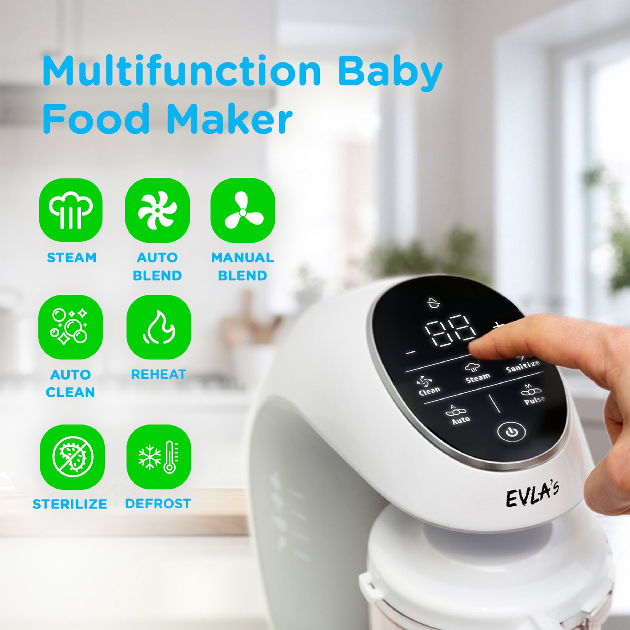 EVLA’s Baby Food Maker with Touch Screen and 6 Reusable Pouches, White