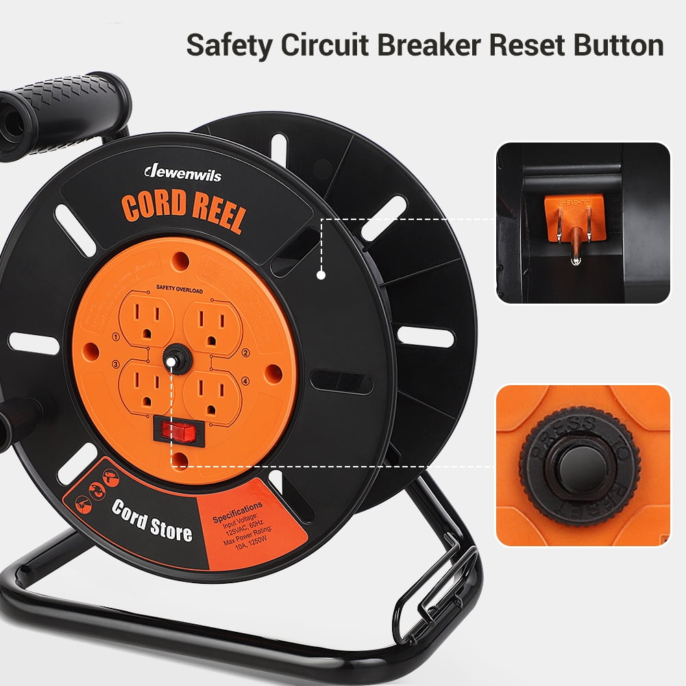 DEWENWILS Heavy Duty Cord Reel, 125V/1250W Portable Power with 4 x 5-15R Outlets, 10A Circuit Breaker, Illuminated ON/OFF Switch, Rotary Handle & Powder-Coated Iron Stand