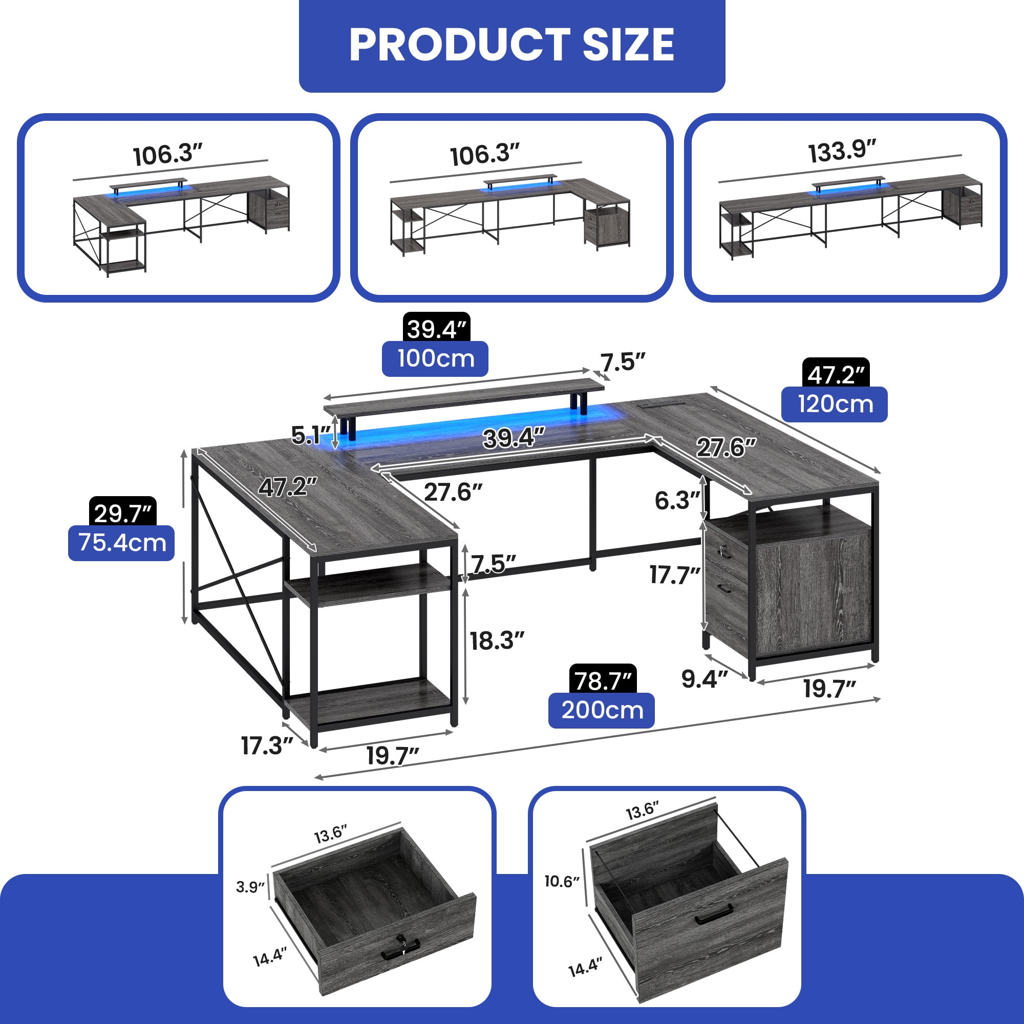 ModFusion Reversible U-Shaped Desk with Monitor Stand, Power Outlets & LED Lights, L-Shaped and Long Home Office Desk with Drawers - Gray