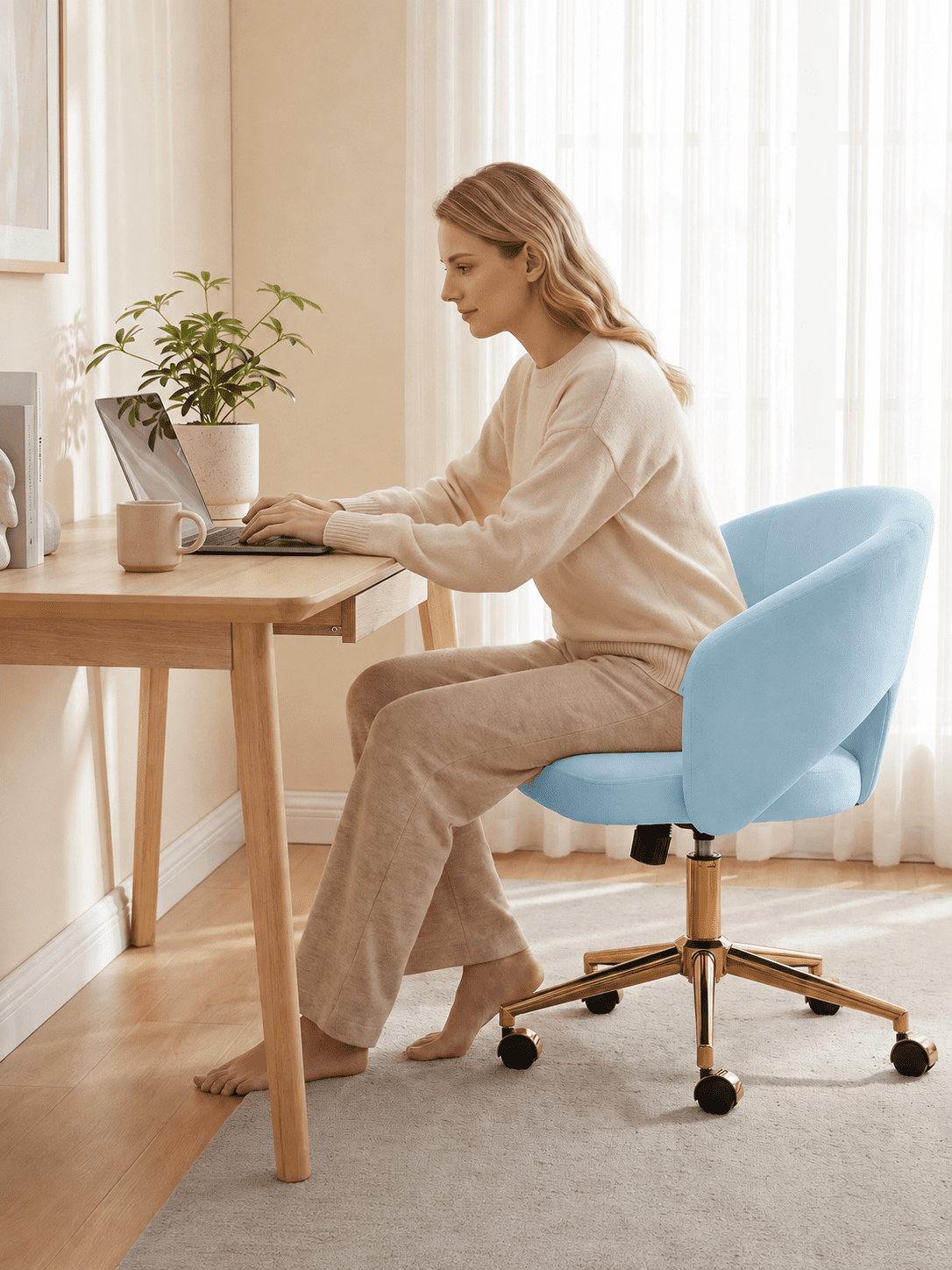 Garitin Office Chair and Ergonomic Swivel Desk Chair 23.6 Inch, Comfortable Seating with Memory Foam Cushion for Home Bedroom, Blue