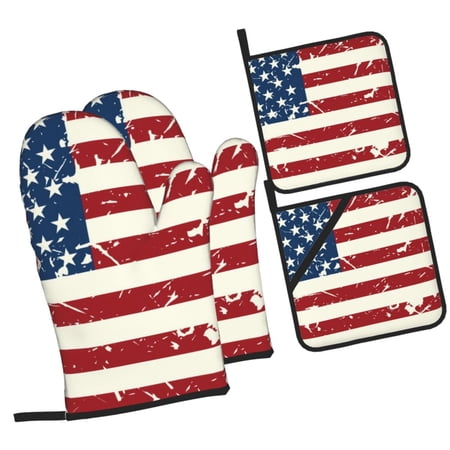 Naloa Vintage American Flag Oven Mitts and Pot Holders 4 pcs Set Cooking Baking Grilling Kitchen Oven Glove for Cooking