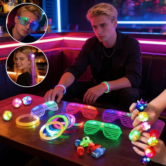 WEFANCY LED Neon Luminous Party Favors, Glasses Rings Finger Lights Fringed Clips, Adjustable Flash, 78 Piece, Halloween Christmas New Year's
