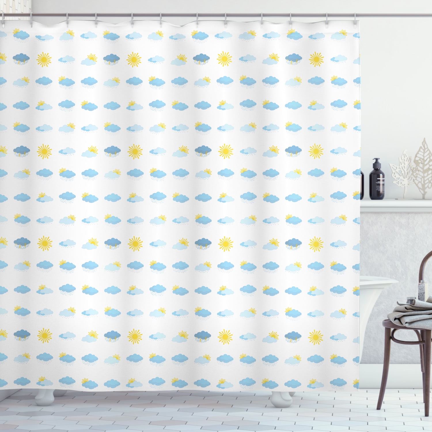 Blue and Yellow Shower Curtain, Meteorology Icons Clouds Sun Bolts Rain
