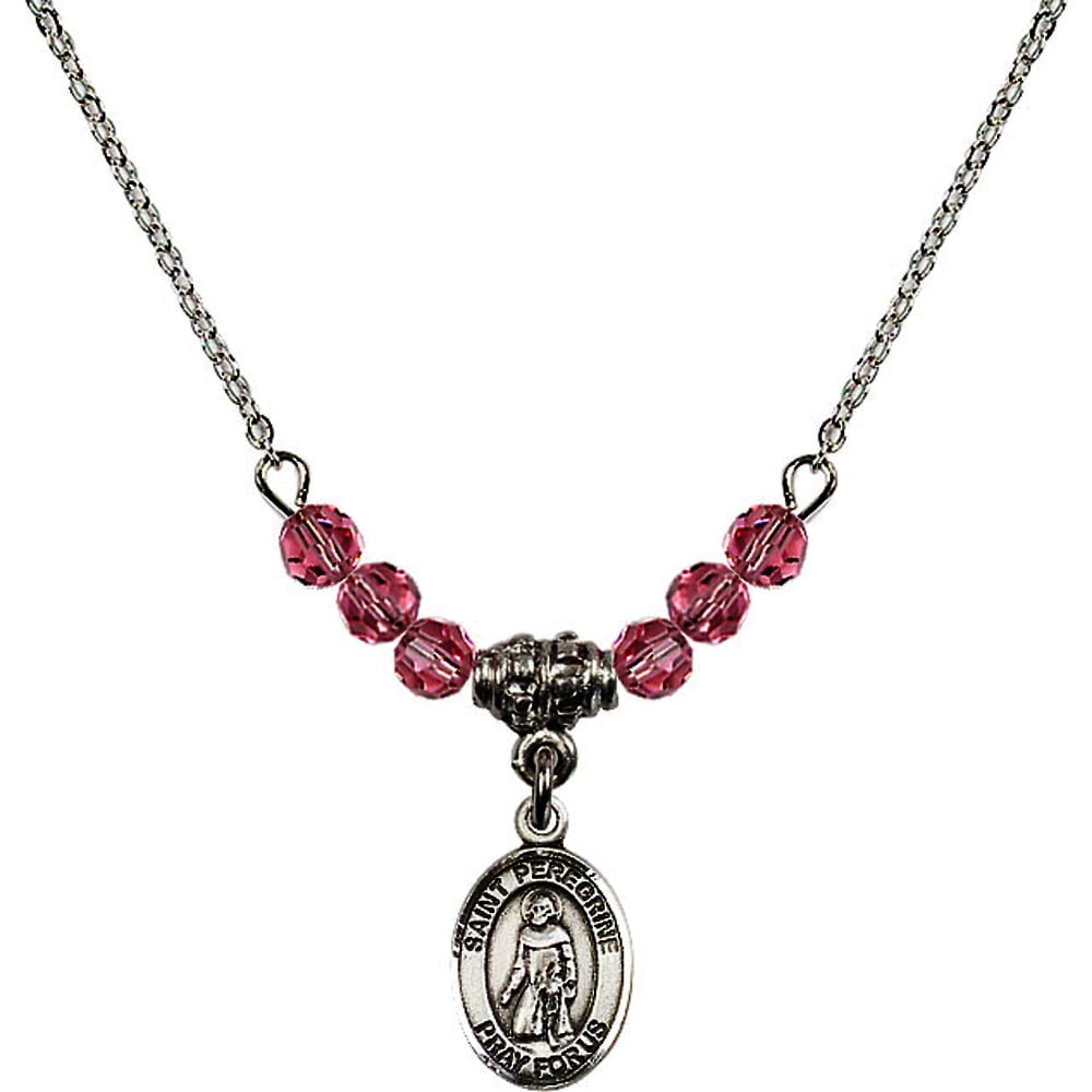 Bonyak Jewelry 18 Inch Rhodium Plated Necklace w// 4mm Red July Birth Month Stone Beads and Saint Hubert of Liege Charm