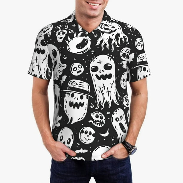 Balery Black White Spooky Ghosts Camisa Polo de Hombre con Estampado, de Manga Corta y Tejido Medio, Camisa Tipo Golf Polo-Medium