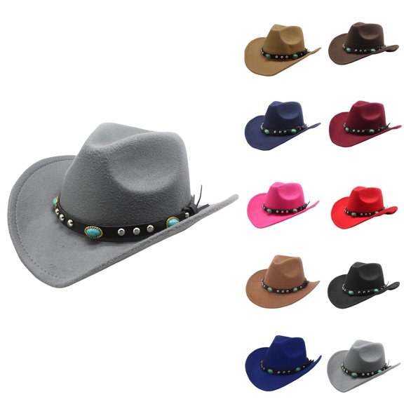 Men Womens Western Cowboy Hat with Roll Up Brim Felt Cowgirl Sombrero Caps with Turquoise Leather Belt Gray One Size