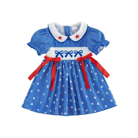 BemeyourBBs Toddler Baby Girl 4th of July Dress Outfit Little Baby Girl Patriot Independence Day Dress Summer Smocked Dress Puff Short Sleeve Doll Collar Star Stripes Print Bow Decor A Line Dress
