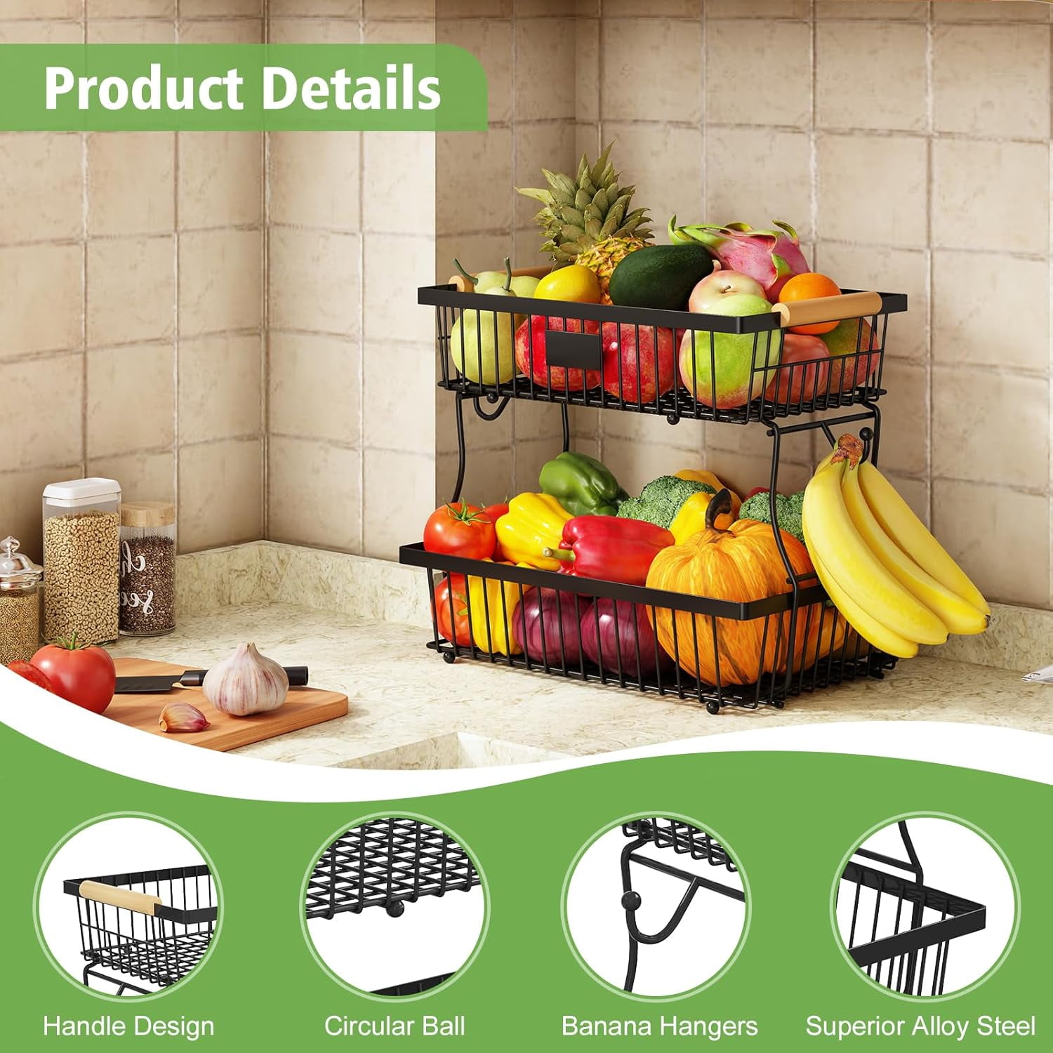 2 Tier Fruit Basket for Kitchen Counter with 2 Banana Hangers, Countertop Metal Bread Basket with Wooden Handle, Large Storage Stand for Vegetables, Snacks, Eggs, Produce Storage – Black