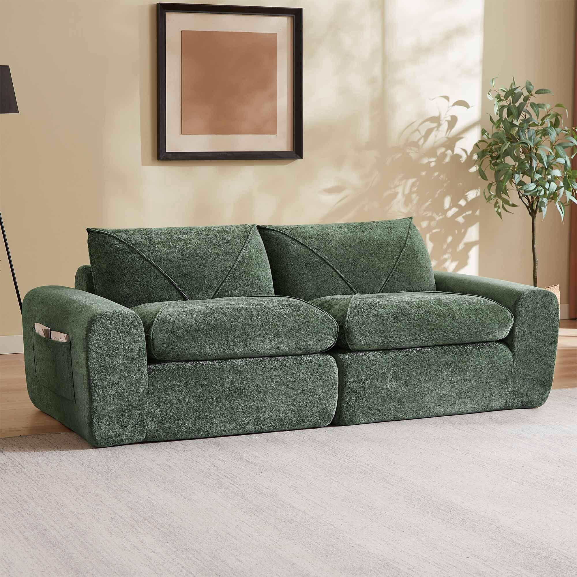 Lunale Small Boneless Cloud Sofa, Modern 2-Seater Chenille Couch with Side Pockets for Living Room, Apartment, Green