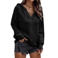thumbnail image 1 of Blusa con capucha, cuello en V y puños largos de canalé, color negro, talla 2XL, para mujer, estilo casual elegante y chic, 1 of 5
