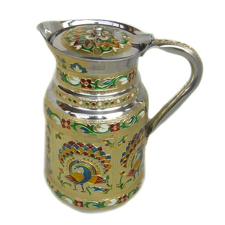 

Rastogi Handicrafts Indian Fine Stainless Steel water Pitcher Meenakari decorative Jug Tableware Drinkware Home Kitchen Water Storage Vessel - 1.5 liter Capacity (Peacock)