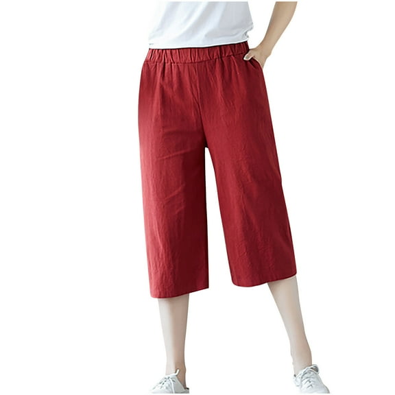 fartey Women Cotton Linen Capri Pants 2025 Summer Lounge Solid Color Pockets 3/4 Pants Slim Fit Elastic High Waist Below Knee Shorts