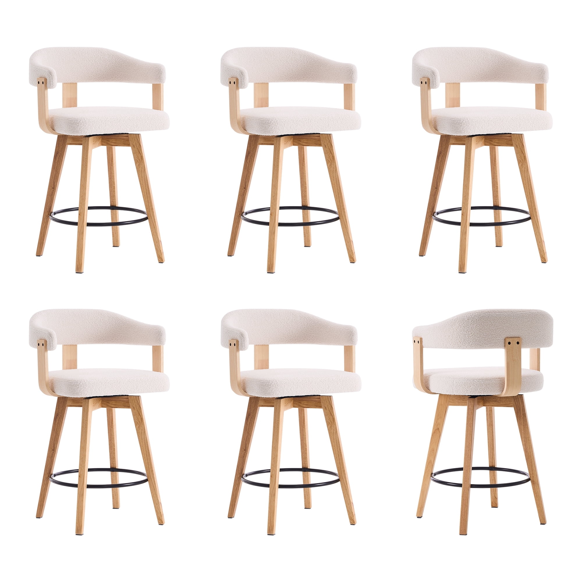 Joyyskill Swivel Bar Stools Set of 6, 26” Wood Counter Height Barstools with Curved Back, Mid Century Modern Boucle Upholstered Bar Chairs, Natural Oak/White