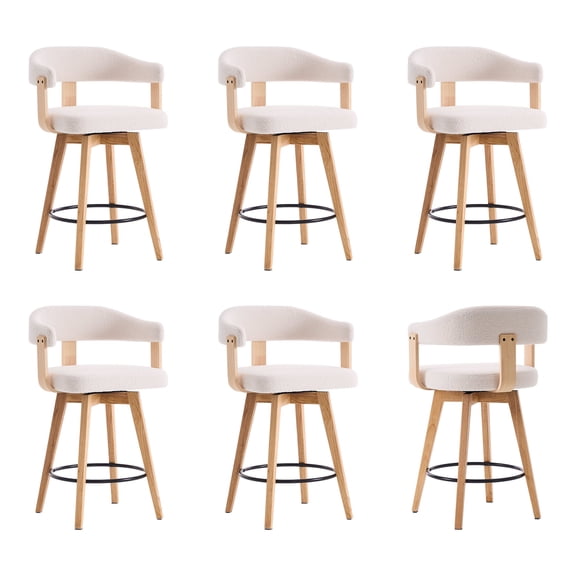 Joyyskill Swivel Bar Stools Set of 6, 26” Wood Counter Height Barstools with Curved Back, Mid Century Modern Boucle Upholstered Bar Chairs, Natural Oak/White