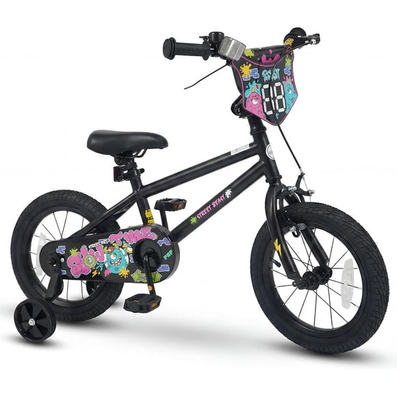 OLAKIDS Vélo pour Enfants, Bicyclette BMX pour Tout-Petits et Enfants de 12 14 16 18 Po avec Planche à Dessin Bricolage, Roues Stabilisatrices, Selle Ajustable, Frein à Main, Frein à Rétropédalage, Clochette de Sécurité