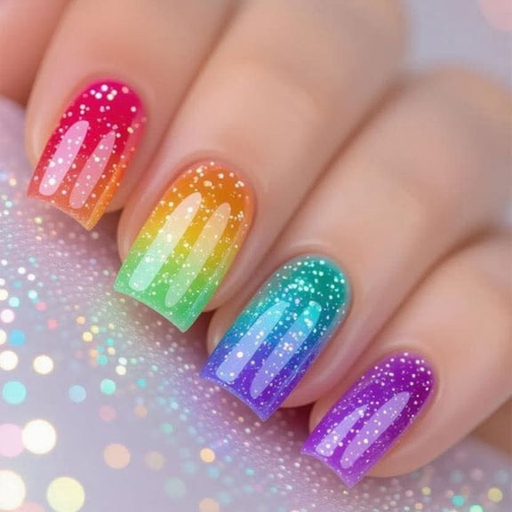 ONLYEOR Rainbow Candy Press On Nails, Summer Colorful Design, Medium Square Fake Nails for Beach & Party