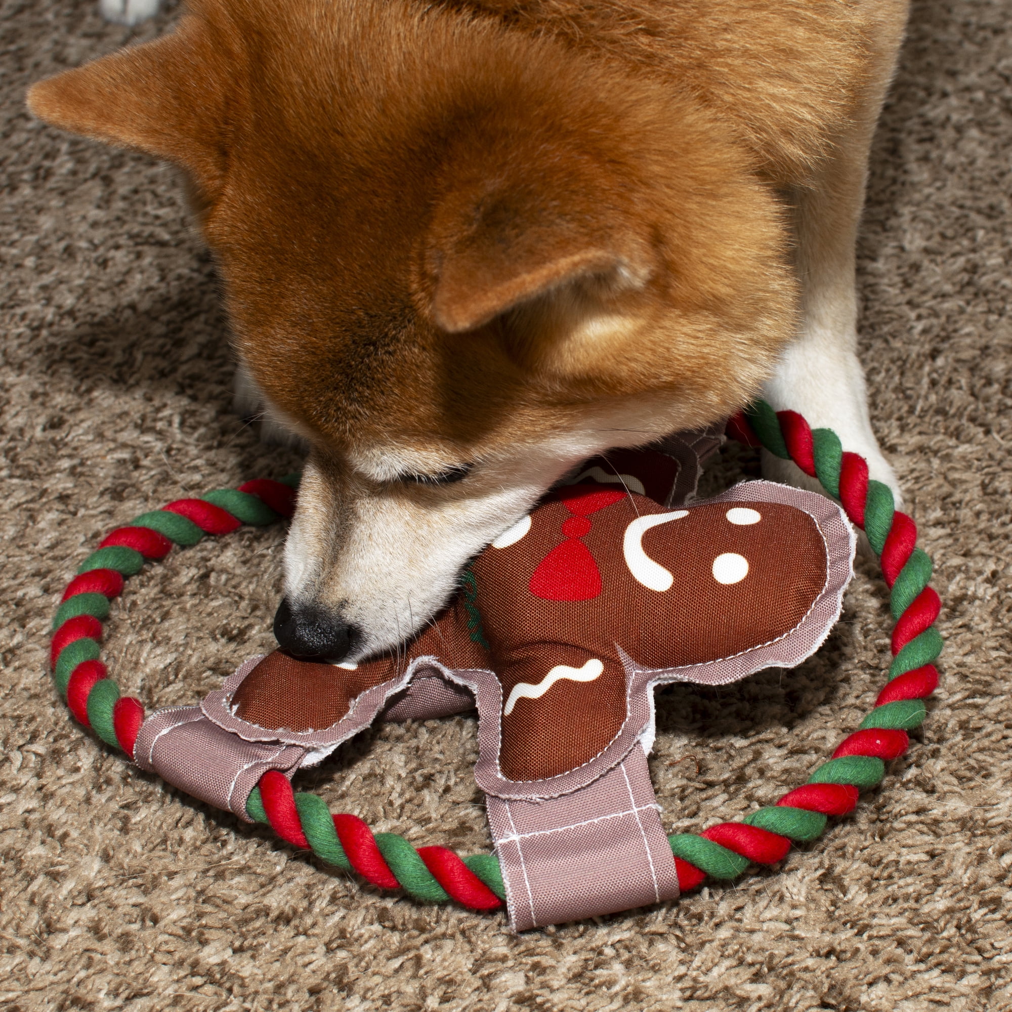 Pavilion - Howl-Iday Treat - 10" Gingerbread Man Puppy Dog Toy With Rope Handle K-9 Furry Companion Christmas Holiday Gift Present