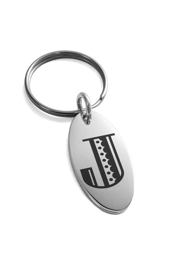 Stainless Steel Letter J Initial Metro Retro Monogram Engraved Small Oval Charm Keychain Keyring