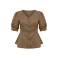thumbnail image 3 of Women V-Neck Button Tops Short Sleeve Lace Hem Fashion T-Shirt Summer Temperament Casual Outfit,Beige,XXL, 3 of 7