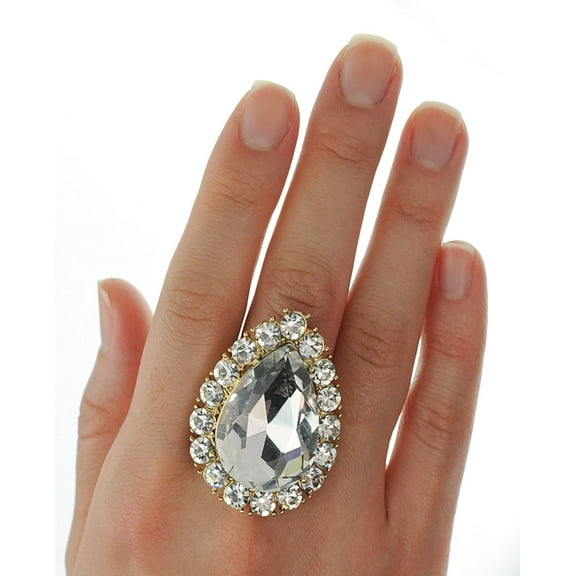 Women's Teardrop Stone Studs Fashion Stretch Ring, Clear/Gold-Tone