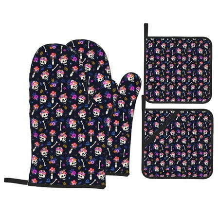 

Oven Mitts and Pot Holders Sets 4 pcs Skulls In Floral Non-Slip Oven Gloves Potholders Soft Quilted Lining Heat Resistant Gloves Hot Pads for Kitchen Cooking Baking