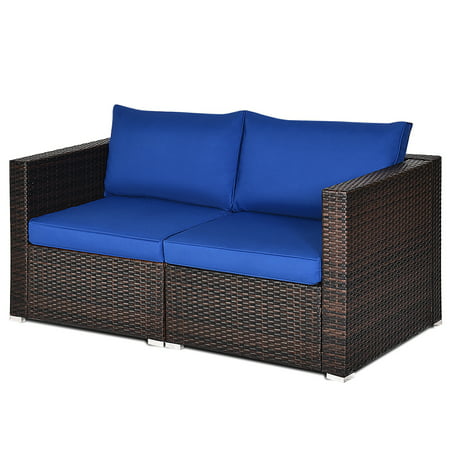 Gymax 2PCS Rattan Corner Sofa Set Patio Outdoor Furniture Set w/ 4 Navy