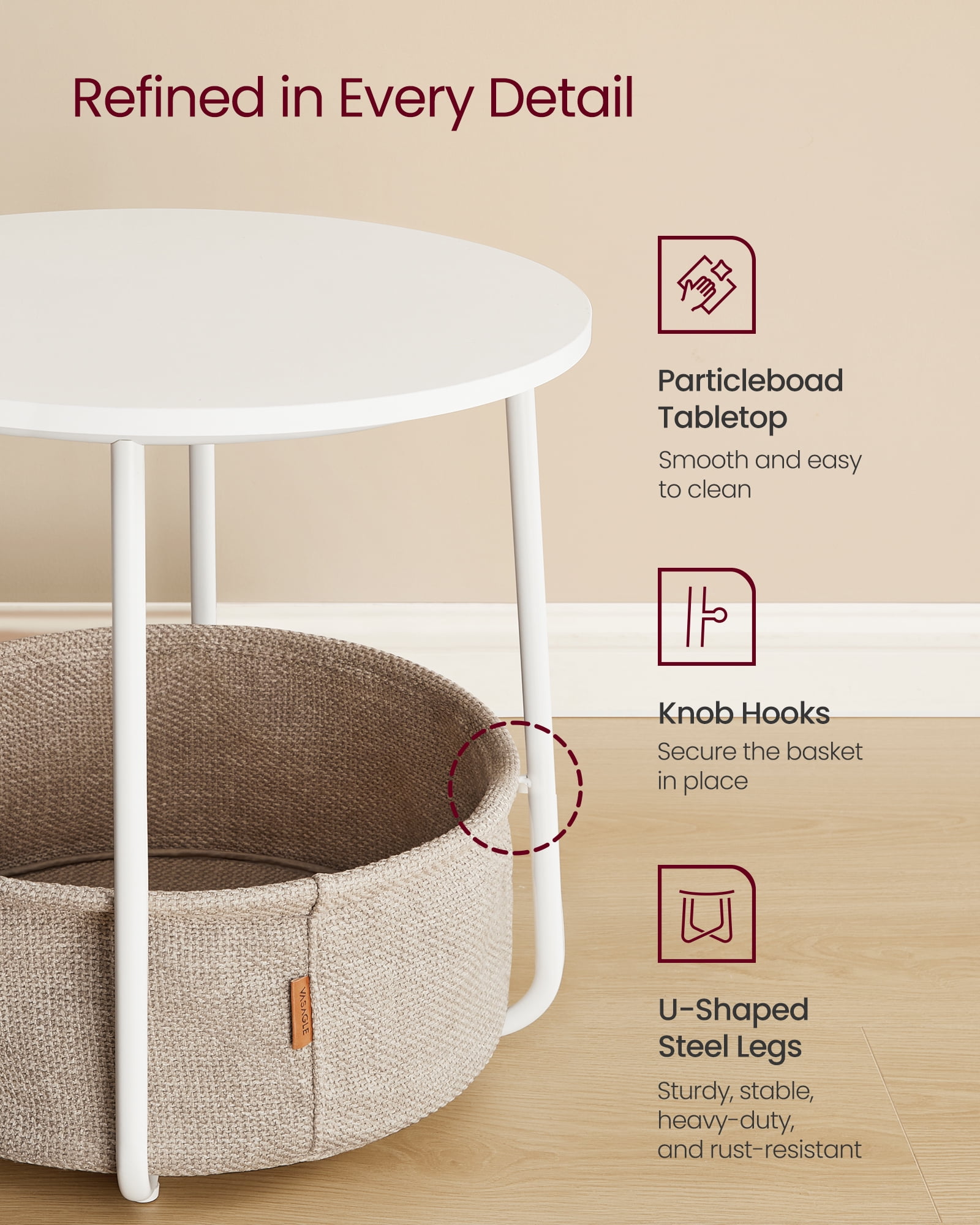 VASAGLE End Table with Lamp, 3-in-1 Floor Lamp with Table and Fabric Basket for Living Room, Tunable LED Bulb Included, Angle-Adjustable Lampshade, Steel Frame, Matte White