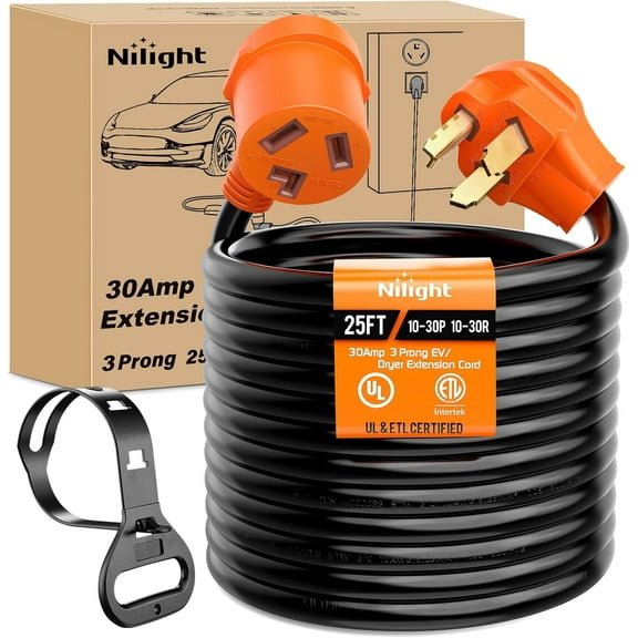 Nilight 25FT EV Dryer Extension Cord 3 Prong 30 Amp NEMA 10-30P 10-30R Old Dryer Extension Cable Heavy Duty 10 Gauge Pure Copper Wire UL Listed 125/250V for Level 2 EV Charging