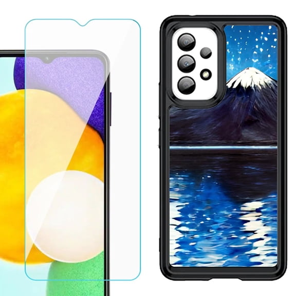 Shockproof Bumper (Black Frame) phone Case for Samsung Galaxy A23 5G, with Tempered Glass Screen Protector, by OneToughShield ® - Starry Night Fuji