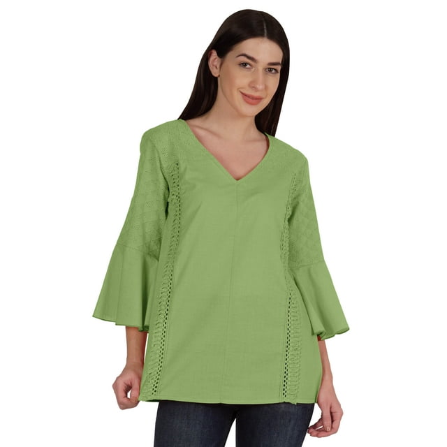 Moomaya Tunique en Coton à Manches Cloche pour Femmes Col en V Simple Top Schiffli d'Été