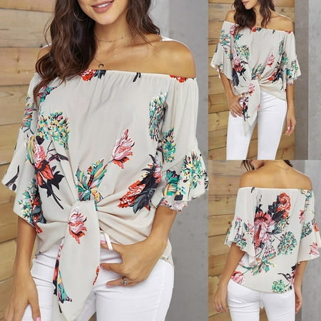 sebulube Women Ladies Off Shoulder Half Sleeve Printed Blouse Tops Clothes T Shirt