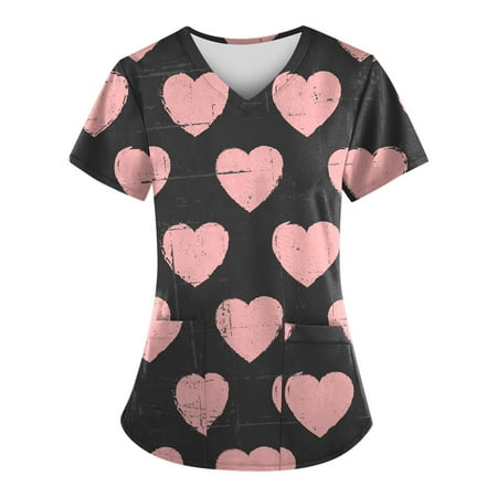 

tobchonp Women Uniform Heart Print Short Sleeve V Neck Tops Working Nurse Uniform Shirt
