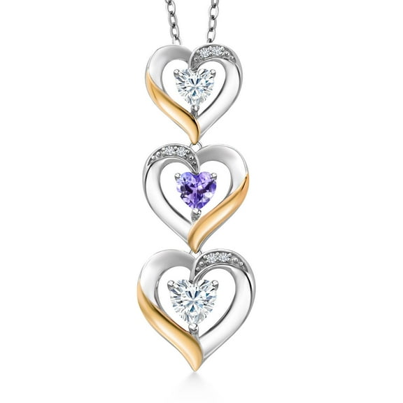 Gem Stone King 925 Silver and 10k Yellow Gold White Moissanite Blue Tanzanite and White Lab Grown Diamond Triple 3 Heart Shape Pendant Necklace for Women (0.88 Cttw, with 18 inch Chain)